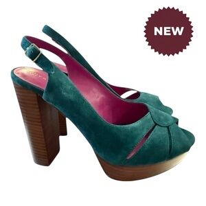 Trina Turk Joni Platform shoes Teal Suede 7.5 Wooden Heel Brand New